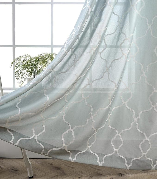 MIUCO Moroccan Embroidered Semi Sheer Curtains Linen Look Grommet Window Curtains for Bedroom 52 x 95 Inch 2 Panels, Sea Foam
