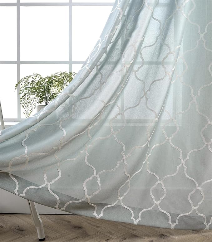 MIUCO Moroccan Embroidery Semi Sheer Curtains Faux Linen Grommet Curtains for Living Room 52 x 84 Inch 2 Panels Set, Sea Foam
