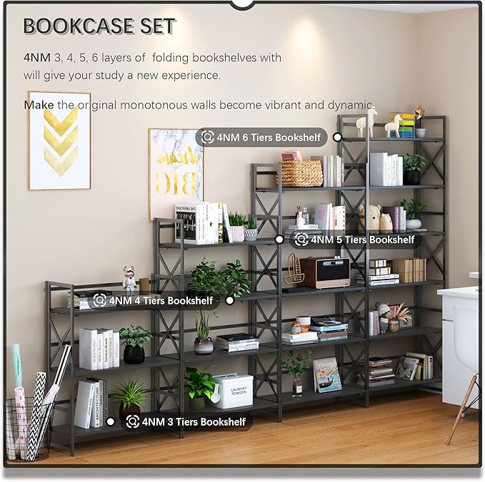 4NM 6 Tiers No Assembly Book Shelves, 61.8" H Folding Bookshelf Bookcase Open Industrial Foldable Shelves for Bedroom, Living Room, Home Office - All Black