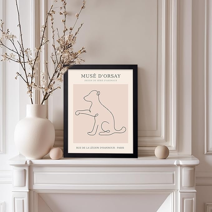 Poster Master Vintage Poster - Retro One Line Dog Drawing Print - Dog Art - Minimal Gift for Men, Women, Animal Lover - Abstract Wall Decor for Home, Office, Bedroom, 8x10 Black Framed