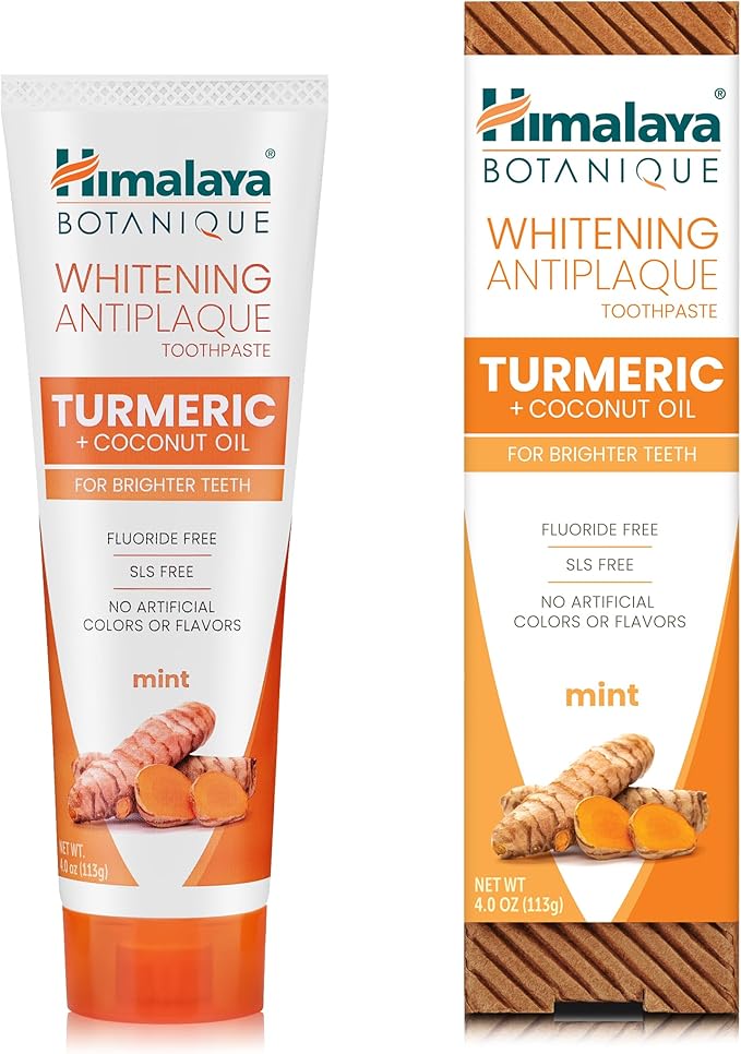 Himalaya Botanique Turmeric & Coconut Oil Whitening Antiplaque Herbal Toothpaste, Whitens Teeth, Fluoride Free, No Artificial Flavors, SLS Free, Vegan, Cruelty Free, Foaming, Mint Flavor, 4 Oz, 4 Pack