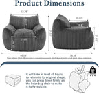 Giant Plush Bean Bag Chair for Adults with Armrests - Oversized Comfy Grey Beanbag Lounge Lazy Floor Sofa Accent Chair for Living Room, Bedroom & Dorm, Cozy Fluffy Single Cloud Mini Couch