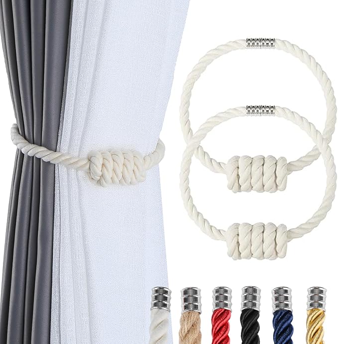 Fenghuangwu 2Pack Magnetic Curtain Tiebacks – Bohemian Style Handmade Woven Tie-Backs for Drapes,Elegant Exquisite Knot Holdbacks,Outdoor Boho & Modern Home Decor-Cotton