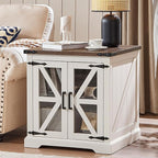 24" End Table with Charging Station, Farmhouse Night Stand with Glass Barn Door, White Nightstands with Adjustable Storage Shelf, Large Wood Square Bed Side Table for Living Room,Bedroom