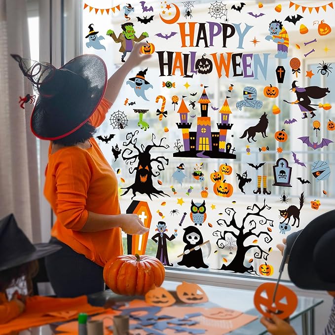 115PCS Halloween Window Clings, 9 Sheets Halloween Decorations, Cute Witch Tree Zombie Ghost Patterns PVC Window Stickers for Treat or Trick Party Favors Decal Supplies Decor Accessories