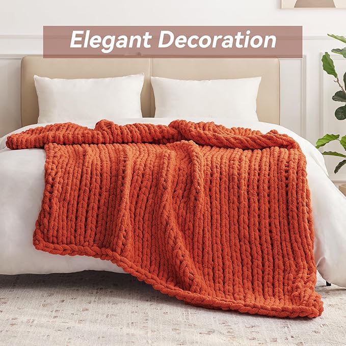 Chunky Knit Throw Blanket, 30''*40'' Fall Throw Blanket Knitted Chenille Yarn for Bed Couch, Handmade Orange Crochet Big Thick Blanket, Machine Washable Cute Comfy Blankets for Home Decor