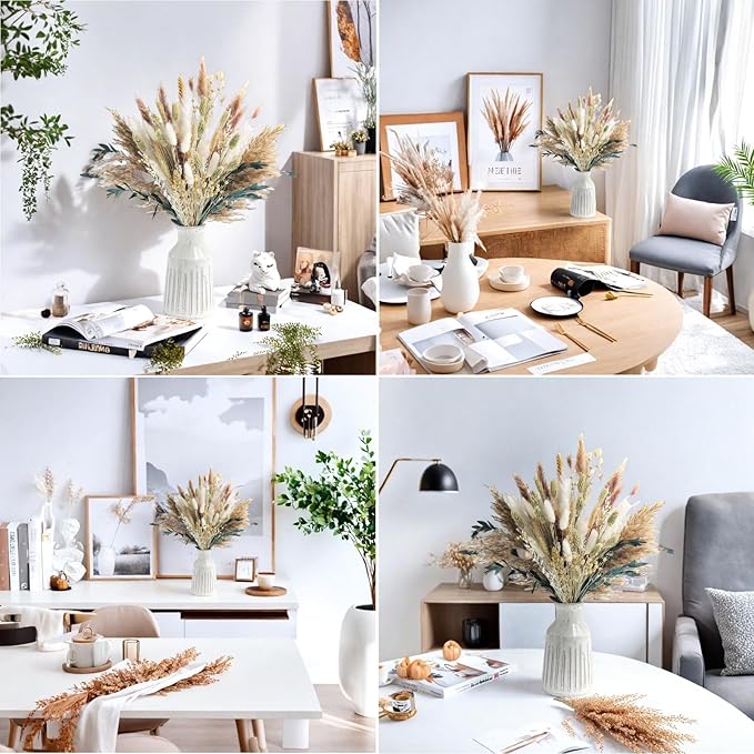 126pcs Dried Pampas Grass Decorations, Dried Flowers, Dried Bouquet in Vase, Reed Grass Bouquet for Boho Floral Wedding, Rustic Farmhouse Decor. (Vase Not Included)