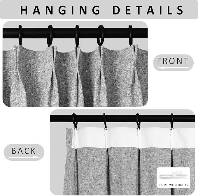 Macochico 120”Wx102”L 100% Blackout Linen Curtains Pinch Pleated Thermal Panels for Sliding Door Bedroom Living Room Farmhouse Shabby Chic Light Grey Burlap Curtains with Tieback 1 Panel