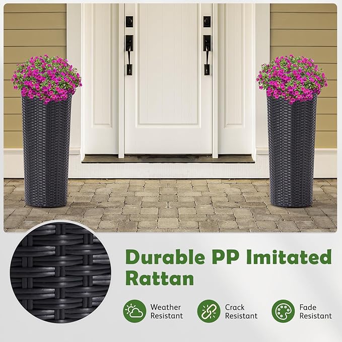 IDZO All Weather Wicker Planters for Outdoor Plants Set of 2, 24 inch Tall Black Planter for Front Porch, Patio, Balcony, Indoor Usage - Round Rattan Flower Pots