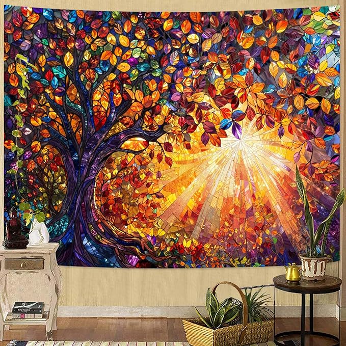 Lunerfex Tree of Life Tapestry Stained Glass Tapestry Wall Decor Tapestries for Bedroom Art Tapestries Wall Hanging for Bedroom Living Room Glass-Tree-03 70"x90"