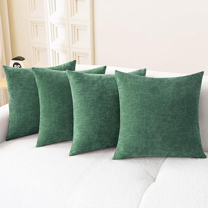 CaliTime Throw Pillow Covers Decorative 18 X 18 Inches Pack of 4 Cozy Chenille Cushion Cases for Couch Sofa Bed Living Room Home Dark Green