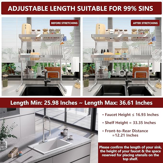 VNKZI Over Sink Dish Drying Rack, 3 Tier Full Stainless Steel Storage Adjustable Length (25.98'' to 36.61'') Kitchen Rack, Multifunctional Expandable Counter Organizer, Space Saver Dish Rack