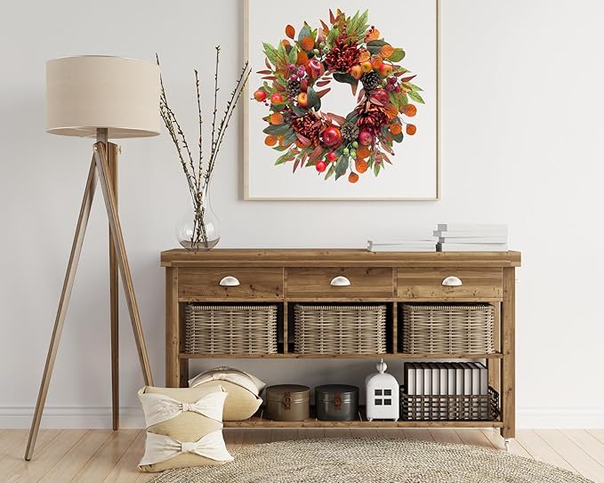 22 Inch Fall Chrysanthemum Wreath Harvest Floral Wreath with Apples Pinecones Berries and Eucalyptus Maple Leaves for Fall Thanksgiving Halloween Mantel Table Outdoor Front Door Wall Window