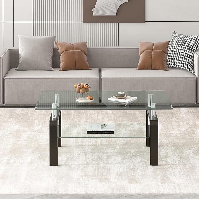 Glass Coffee Table Rectangle Living Room Center Table, with Tempered Glass Tabletop Black Metal Leg,for Living Room and Office (Dou-Clear Glass)