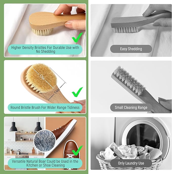 Laundry Stain Brush, Laundry Brush for Stains on Clothes, Dorm Room Essentials for College Students, Natural Boar Bristle Cleaning Brush, Fabrics Cleaning Brush for Clothes Without Damage
