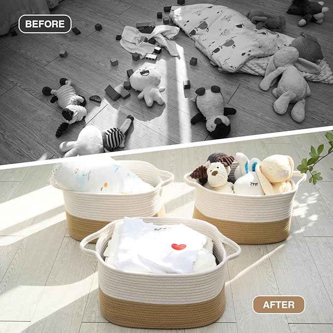Cotton Rope Woven Storage Basket, Used for Baby Hamper Toy Organizer, Gift Baskets Empty,Kids Laundry Basket,Baby Blanket Storage. Size 15x10x8.7 Inches. (White&Khaki-3PCS)