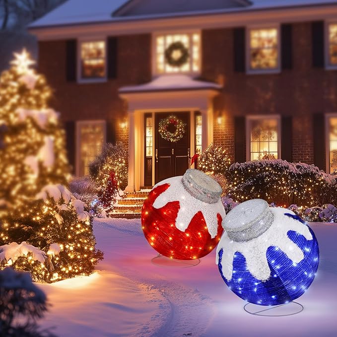 BRIGHTDECK 2 Pcs Outdoor Christmas Ornaments, Lighted Pop-Up Outdoor Holiday Ball Decoration with 80 LED Lights, 8 Light Modes, Lighted Collapsible Holiday Decorations for Yard, Home (RedBlue)