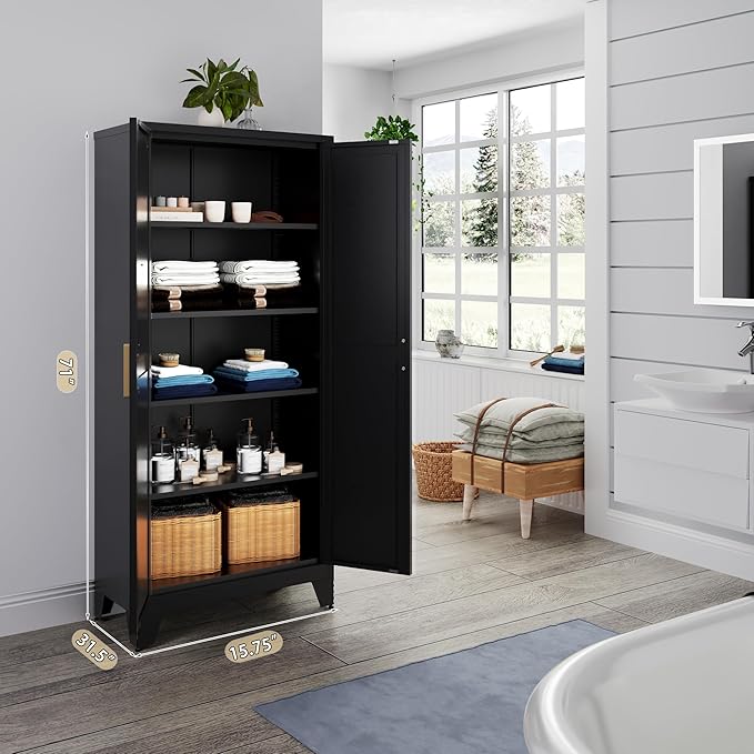 71'' Farmhouse Metal Storage Cabinet with Barn Doors,Steel File Cabinet for Home Office,Kitchen Pantry 4 Adjustable Shelves,Freestanding Cupboard for Kitchen,Home Office (Black)