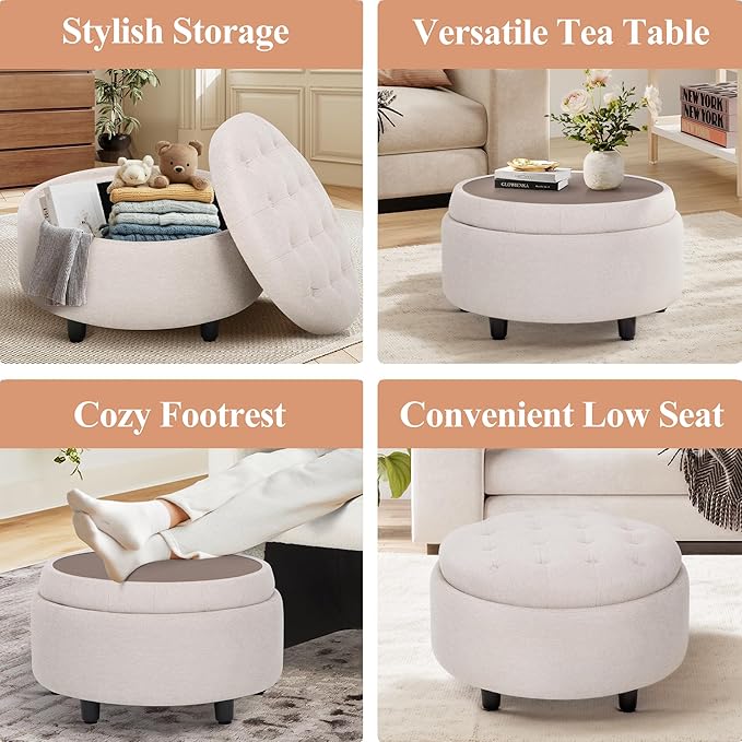 COLAMY Fabric Round Storage Ottoman with Reversible Tray Lid – Multi-Functional Footrest, Hidden Storage, Sturdy & Stylish Small Coffee Table for Living Room, Bedroom, or Entryway(Beige)