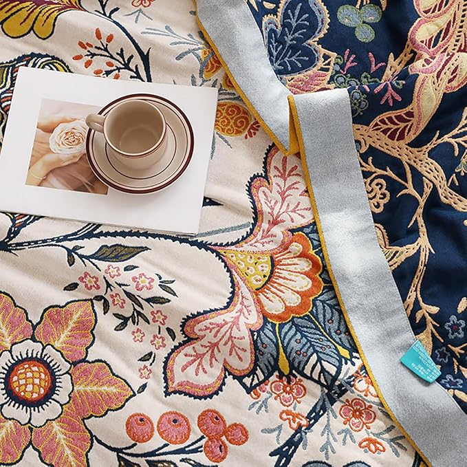 Boho Muslin Blanket for Adults 6-Layer Gauze 80 x 90 Inches Soft Cozy 100% Cotton Summer Cooling Blanket Floral Farmhouse Home Decor Sofa Bed Coverlet Both Sides (Boho Floral, 80 x 90 in)