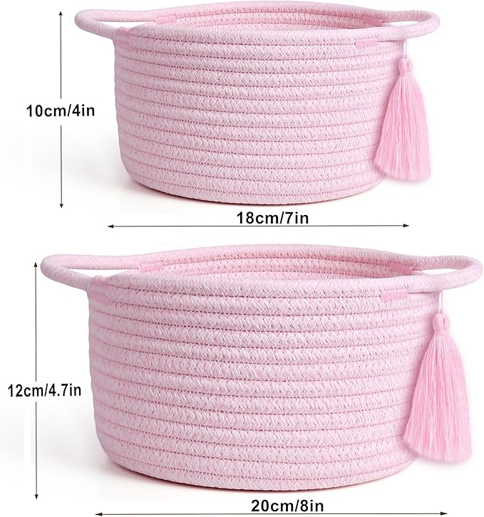 Small Cute Empty Gift Basket Little Woven Rope Organizer Baskets for Baby Shower Gifting, Makeup Brushes Holder, Bathroom- Decorative Vanity Storage Bins - 2 Pack, Pre-Shaped, Pastel Pink