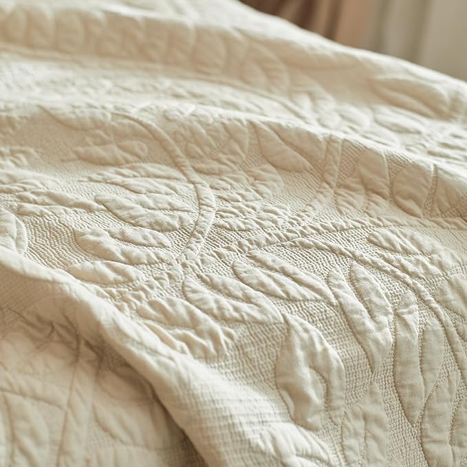 MarCielo 3-Piece 100% Cotton Oversized Bedspread Lightweight Quilt Coverlet Embroidery Farmhouse Bedding Set T0 (Yellowish Beige, Oversized Queen (100"x106"))
