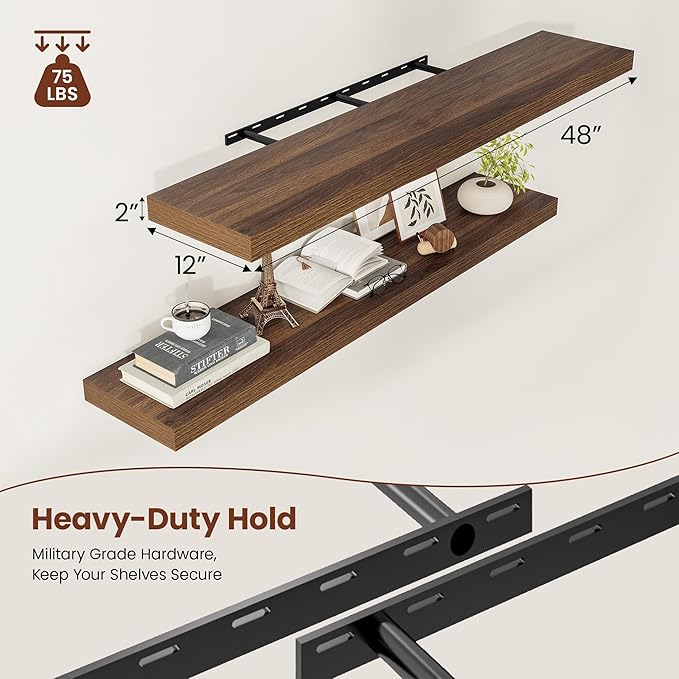 Wide Floating Shelves for Wall 12 Inch Deep, 48" X 12" X 2" Floating Shelf, 2 Inch Thick Shelf for Bathroom Bedroom Kitchen Book Room, Heavy Duty 75lbs Shelves for Farmhouse Decor Set of 2, Walnut