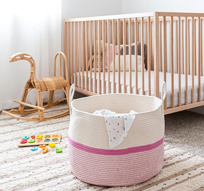 OrganiHaus Boho Woven Basket for Blankets and Laundry, Decorative Large Storage Bin for Living Room, Nursery Basket for Toys & Clothes, Soft Cotton Rope with Handles 20x13 inches - Striped Pink