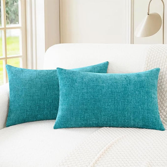 CaliTime Throw Pillow Covers Decorative 16 X 26 Inches Pack of 2 Cozy Chenille Cushion Cases for Couch Sofa Bed Living Room Home Lake Blue