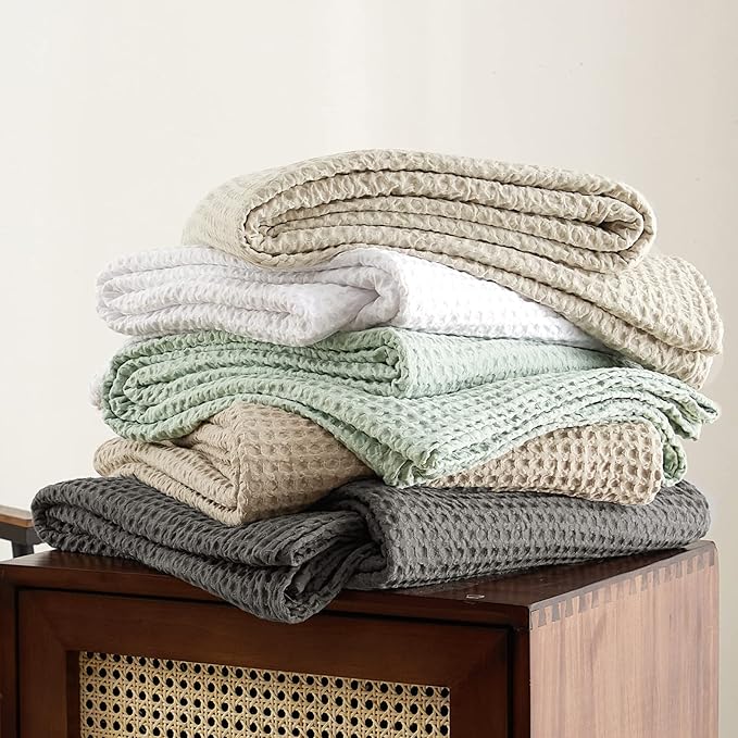 PHF Ultra Soft Waffle Weave Blanket Queen Size 90"x 90"- Washed Lightweight Breathable Cozy Woven Blanket for Bed - Aesthetic Decor for Couch Bedding Sofa Home Car - Khaki