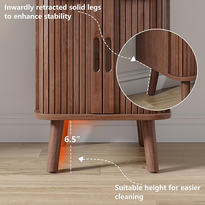 Alohappy Fluted End Table Set of 2, Mid Century Modern Nightstand with Sliding Tambour Door, Curved Round Edge Wood Bedside Table for Bedroom, Side Tables with Storage for Living Room, Walnut