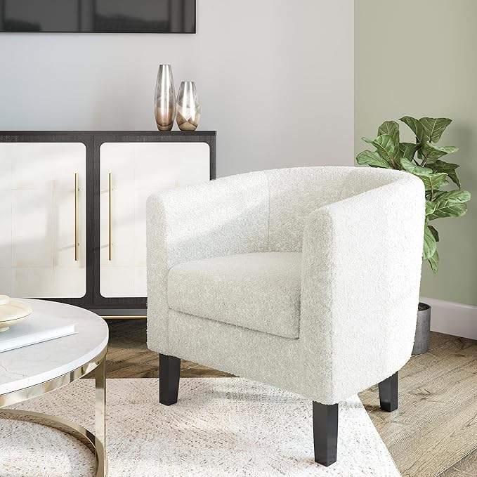 BELLEZE Accent Barrel Chair, Linen Round Chair Club Tub Sofa Corner Chair with Flared Legs and Cozy Soft Padding for Living Room Bedroom Waiting Room - Teddy White