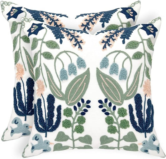 Alysheer Floral Embroidered Summer Decorative Throw Pillow Covers 20"x 20" Set of 2, Farmhouse Cottage Navy Blue Green Flowers Leaves Knit Pattern Cotton Canvas Cushion Case for Couch Bed Living Room