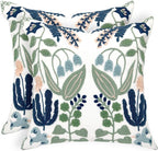 Alysheer Summer Floral Embroidered Decorative Throw Pillow Covers 18"x 18" Set of 2, Farmhouse Navy Blue Flowers Green Leaves Tufted Patterned Cotton Cushion Cases for Couch Bed Living Room Decor