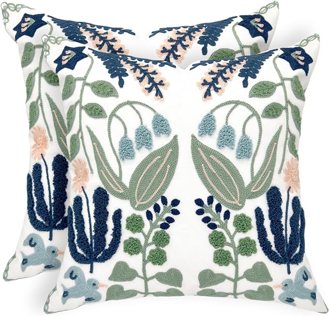 Alysheer Summer Floral Embroidered Decorative Throw Pillow Covers 18"x 18" Set of 2, Farmhouse Navy Blue Flowers Green Leaves Tufted Patterned Cotton Cushion Cases for Couch Bed Living Room Decor