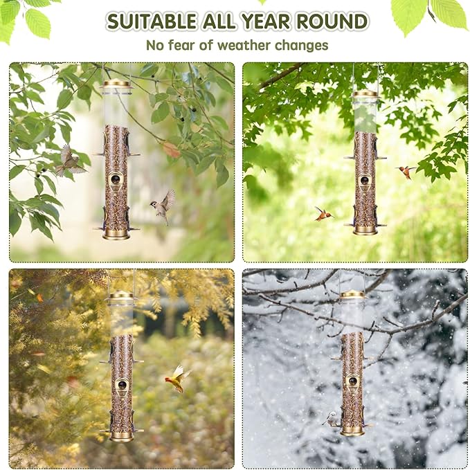 MIXXIDEA 2PK Metal Wild Bird Feeder Squirrel Proof Bird Feeders for Outside Hanging 6 Port Tube Bird Feeder Transparent Finch Feeder with Steel Hanger (Bronze)