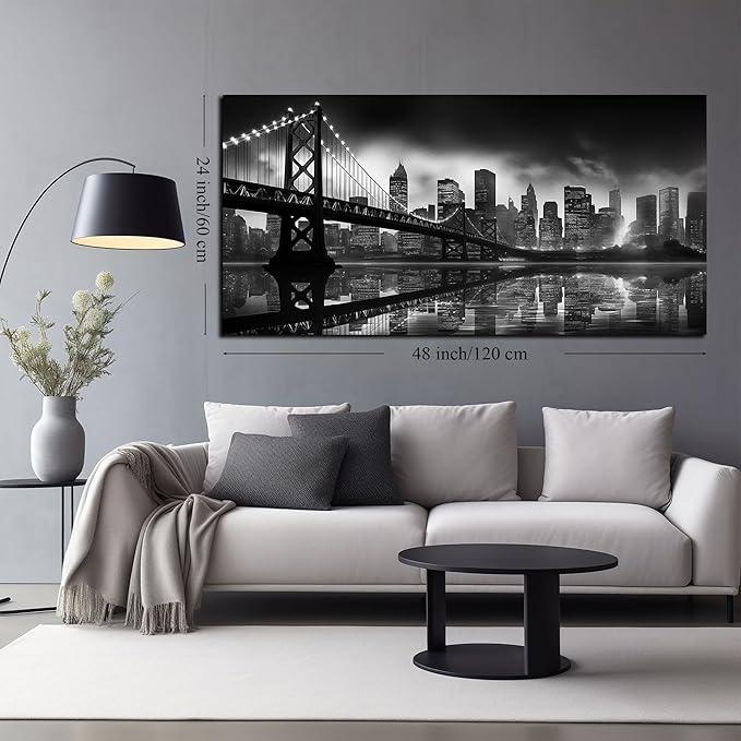 Brooklyn Bridge Canvas Wall Art for Bedroom Black and White City Wall Decor for Living Room Office Wall Art Decor 24 x 48 Inch