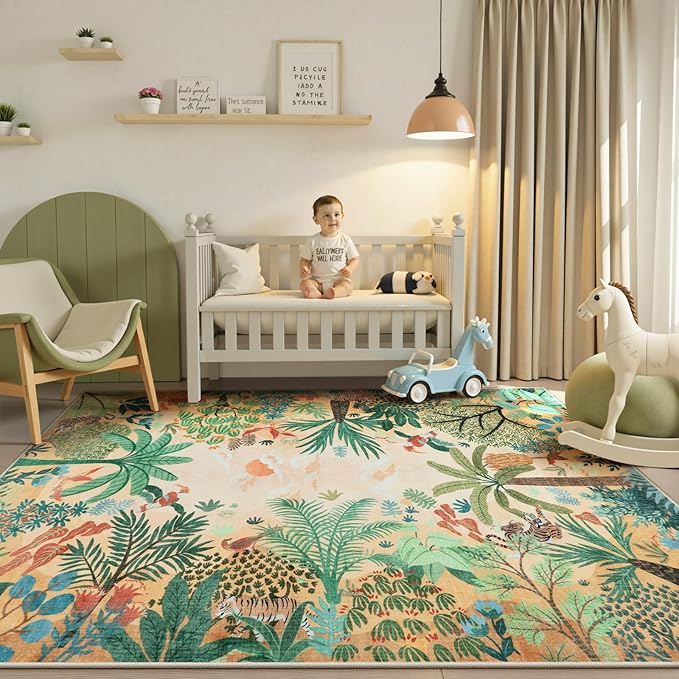 LIVEBOX Boho 8x10 Area Rugs for Living Room, Washable Soft Jungle Animal Print Rug for Bedroom, Farmhouse Non Slip Rug Floor Carpet, Forest Dining Room Rugs for Under Table