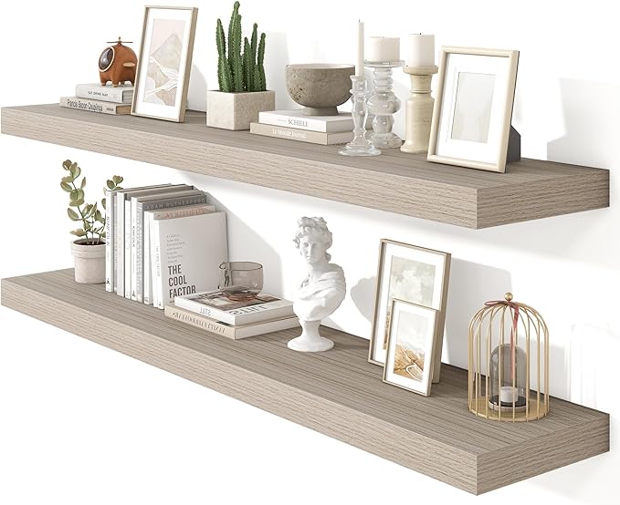 Heimlove 55 Inch Floating Shelves for Wall,10 Deep Large Grey Wall Shelf with Heavy Duty Brackets,Mounted Storage & Display Shelves for Bedroom,Living Room,Kitchen,Office,Set of 2