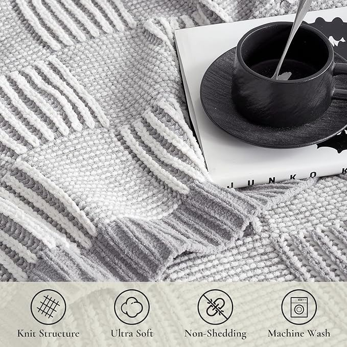 Amélie Home Chenille Knit Throw Blanket for Couch, Checkered Texture Decorative Soft Blanket for Sofa, Bed & Living Room, 50"x60", Grey & White