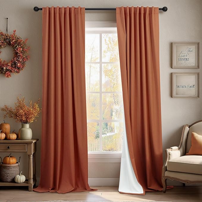 Terracotta Curtain 96 Inch Long for Living Room 2 Panel Back Tab Pleated Thick Linen Blackout Vintage Western Mid Century Thermal Black Out Window Drape for Bedroom Burnt Orange Rust Colored 96 Length