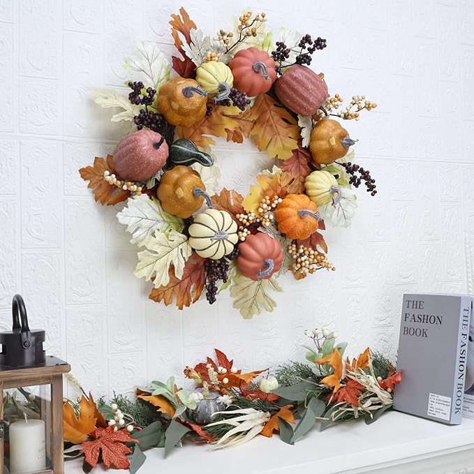 24 inch Fall Wreaths for Front Door Outside Autumn Wreath Fall Decorations for Home Decor Pumpkin Wreath for Farmhouse Holiday Thanksgiving Harvest Halloween Outdoor Indoors Fall Front Porch