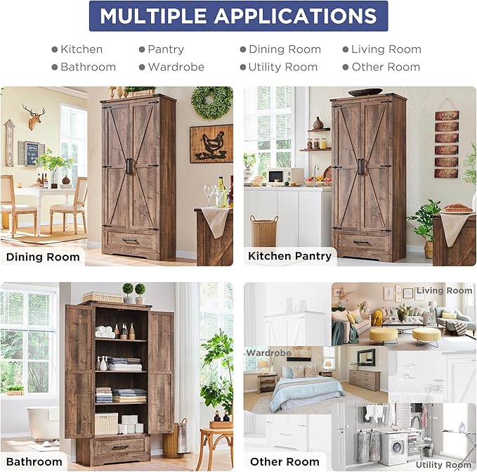 Farmhouse Kitchen Pantry Cabinet - 72" Tall Wood Kitchen Storage Cabinets with Adjustable Shelves & 2 Barn Doors & Drawer, Versatile Storage for Dining Room, Bathroom, Utility Room, Light Brown