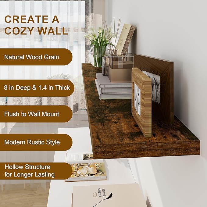 Fun Memories Floating Shelves, 8 Inch Deep Floating Shelves, Rustic Wood Fireplace Mantel 48 in Long, 48 x 8 Floating Wall Shelves for Living Room, Kitchen, Bedroom, Rustic Brown, 1 Pack