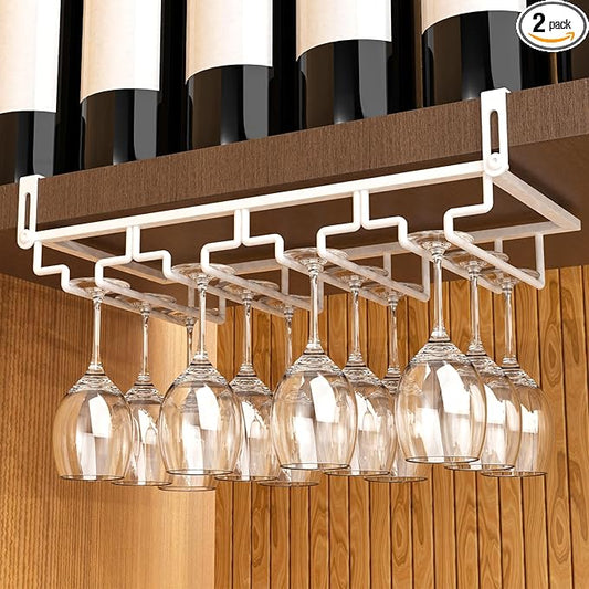 AUHOKY 2Pcs Adjustable Wine Glass Rack Under Cabinet, Punch-Free 4 Rows Stemware Wine Glass Metal Holder, Hanging Wine Glasses Storage Hanger Organizer for Shelf Kitchen Bar Decor(White, 4 Rows)