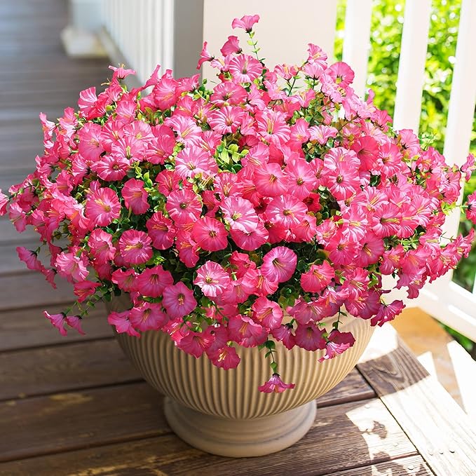 Artificial Flowers for Outdoors Fake Plants Outside Decoration, 12 Bundles Silk Pink Morning Glory with Eucalyptus UV Resistant Look Real Faux Flowers for Planter Front Door Yard Gardens Home