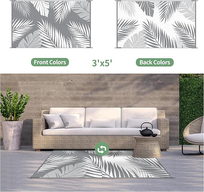 GENIMO Outdoor Rug 3' x 5' Waterproof for Patios Clearance, Reversible Outdoor Plastic Straw Camping Rug Carpet, Large Area Rugs Mats for RV, Camper, Deck, Balcony, Porch, Beach, Picnic, Grey&White