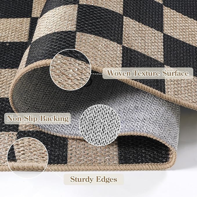 Lahome Checkered Easy Jute Outdoor Rug, 5x7 Farmhouse Rugs for Living Dining Room, Washable Non Slip Non Shedding Floor Carpet for Sunroom Mudroom Backyard Deck