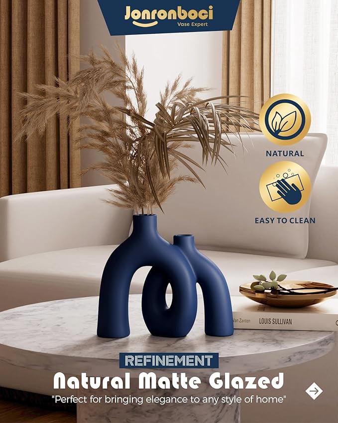 Matte Blue Vase Set - Hug Hollow Donut Aesthetic Ceramic Vases Home Decor, Navy Blue Decor Modern Coastal Decorative Vase for Table Centerpiece Bookshelf Office Entryway Console Fireplace (Navy Blue)