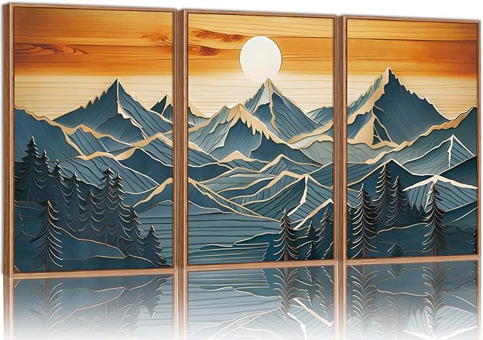 Tinonedraw Vintage Mountain Framed Canvas Wall Art Set of 3, Boho Nature Wilderness Art Prints, Mid Century Modern Ridge Scenery Wall Decor, Sunrise Forest Woodcut Style Art Paintings for Living Room Bedroom, Office 16"x24"